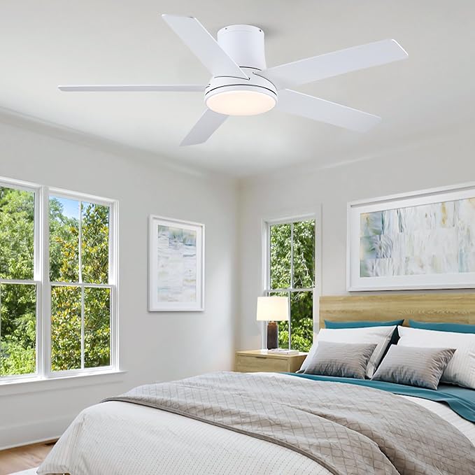 52 Inch Ceiling Fans with Lights and Remote, Flush Mount White Ceiling Fan for Bedroom Living Room Indoor/Outdoor, Quiet 6 Speed Reversible DC Motor, 3CCT, Dual Color 5 Blades, ETL Listed