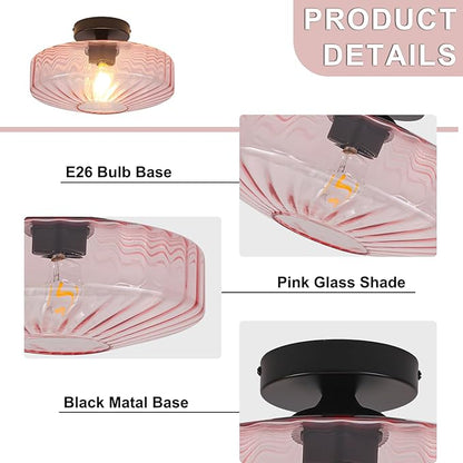 Pink Glass Ceiling Light, 11.8 Inches Mid Century Semi Flush Mount Ceiling Light Retro Small Chandelier Glass Overhead Lighting for Girl's Room Kids Room Nursery Bedroom Closet Hallway E26
