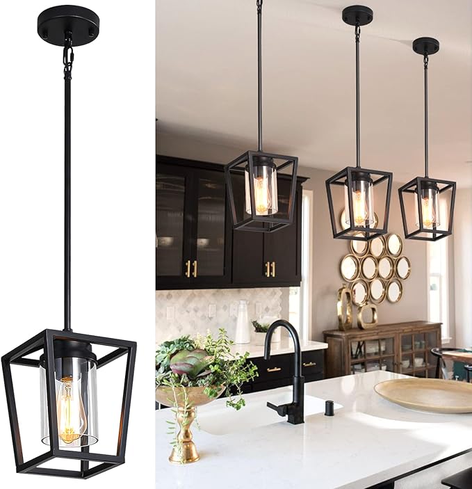 SGLfarmty 1-Light Black Pendant Lights Kitchen Island, Modern Farmhouse Cage Metal Adjustable Lantern Hanging Light Fixture with Glass Shade for Dining Room Entryway Hallway