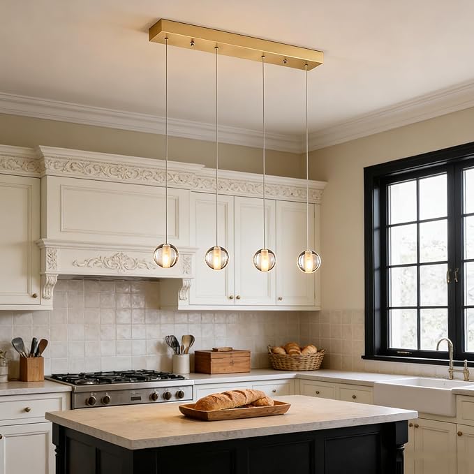 Brushed Gold 4 Lights Pendant Lights Kitchen Island Modern, Crystal Globe Hanging Dining Room Lights Over Table, Rectangular Chandeliers Over Sink for Living Room Hallway Bedroom