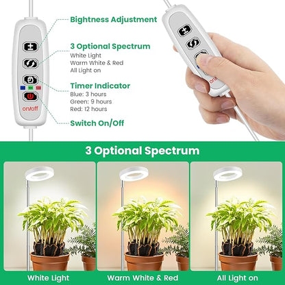 Aokrean Grow Lights for Indoor Plants, Full Spectrum Small Halo Plant Grow Light with Base, 48 LED Growing Lamp 10 Levels Dimmable Auto On Off 3/9/12 Hrs Timer for Small Plants, White, 3.5in, 5 Pack