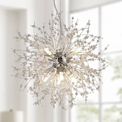 Dandelion Crystal Chandeliers, 8-Light Small Chrome Firework Pendant Lights, 15.7" Stainless Steel Sputnik Chandelier Light Fixture for Kitchen Island Bedroom