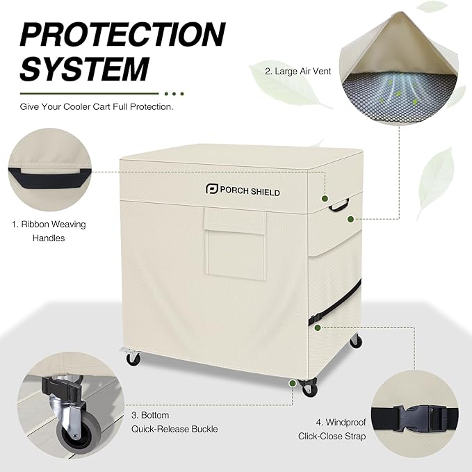 Porch Shield Waterproof Rolling 80-100 Qt Cooler Cart Cover Fits Most Patio Ice Chest Party Cooler (Light Tan, 36"L x 20"W x 32"H)