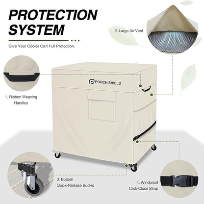 Porch Shield Waterproof Rolling 80-100 Qt Cooler Cart Cover Fits Most Patio Ice Chest Party Cooler (Light Tan, 36"L x 20"W x 32"H)