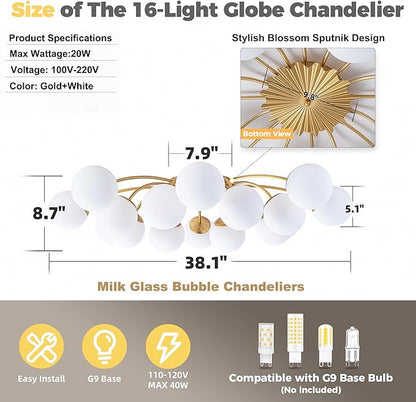 Longree 16-Light Mid Century Modern Sputnik Chandelier Brushed Gold Flush Mount Ceiling Lights with Blossom Accent Milk Glass Globe Bubble Light Fixture for Dining Living Bedroom