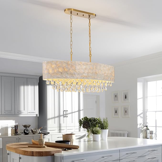 LumFurn 6-Light Oval Capiz Shell Crystal Linear Chandeliers, Coastal Design Light Fixture for Dining Room, Kitchen Island, L32xW12xH19~65 Inch(Adjustable), Shell Lampshade & Brass Finish