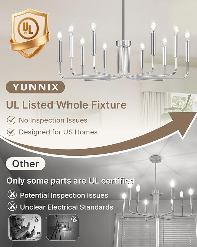 Yunnix 10 Light Brushed Nickel Chandelier, 33" Extra Large Modern Farmhouse Hanging Fixture - Sleek Silver Chandelier Dining Room Light for Kitchen Island, Living Room, Hall, Foyer