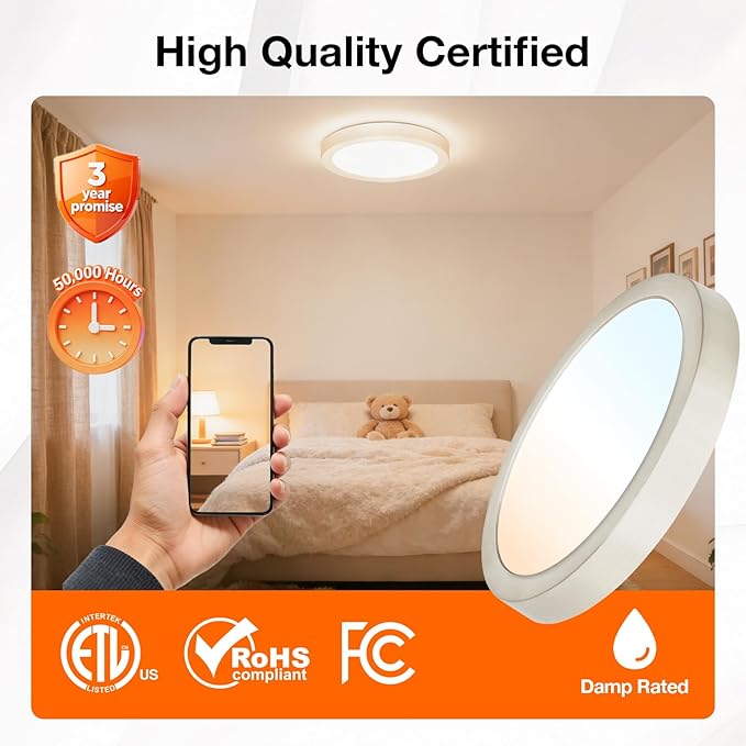 Sylvania 12" LED Flush Mount Ceiling Light Fixture, 24W, 5 Color Select (2700K - 5000K), 1600 LMS, Hardwired, Brushed Nickel, LED Lights for Bedroom Kitchen Hallway Porch - 1 Pack (66463)