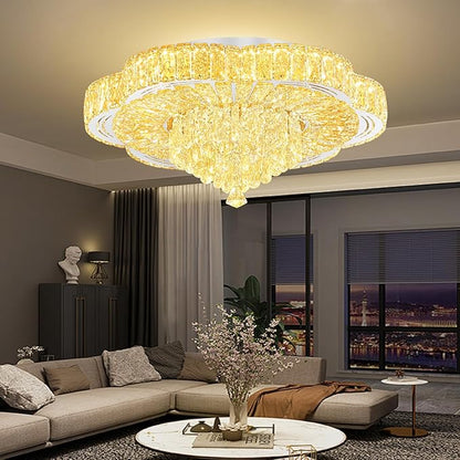 Modern Empire Crystal Chandelier Silver 24inches Crystal Raindrop Ceiling Light for Living Room Bedroom LED Infinity Dimmable 3000-6000K