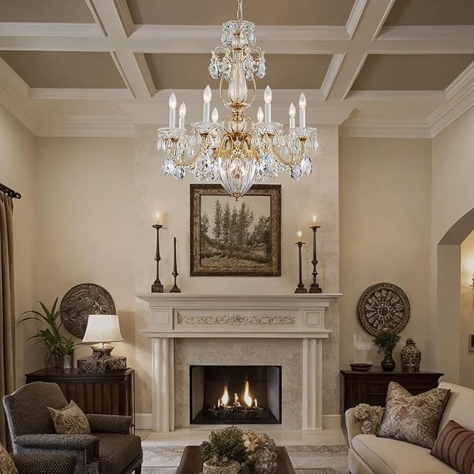 Crystal Chandelier for Dining Room, 8-Light Vintage Brass Chandelier, Pendant Ceiling Light Fixture for Living Room Hallway Entryway Foyer Staircase 30.3" H x 26.8" D