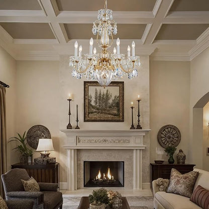 Crystal Chandelier for Dining Room, 8-Light Vintage Brass Chandelier, Pendant Ceiling Light Fixture for Living Room Hallway Entryway Foyer Staircase 30.3" H x 26.8" D