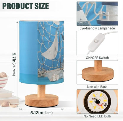 Table Lamp Nautical Sailboat Lighthouse Starfish Seashell Fishnet Blue Wood Nightstand Lamp with Wood Base Fabric Lamp Shade Bedside Desk Lamp for Living Room Bedroom Kids Room Office