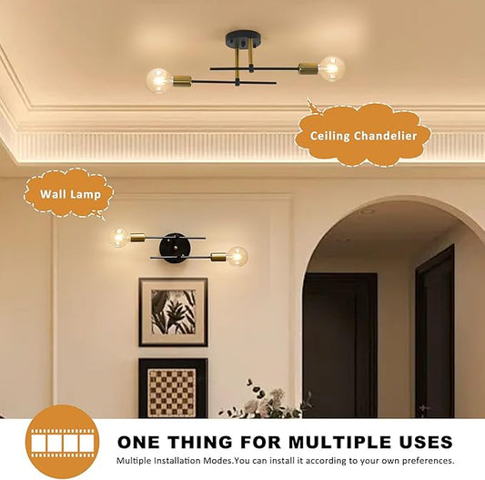 Modern Sputnik Chandelier 2-Light Adjustable Ceiling Light Fixture Black Semi Flush Mount Ceiling Lamp with E26 Base Industrial Ceiling Light for Dining Room Bedroom Foyer Hallway Living Room