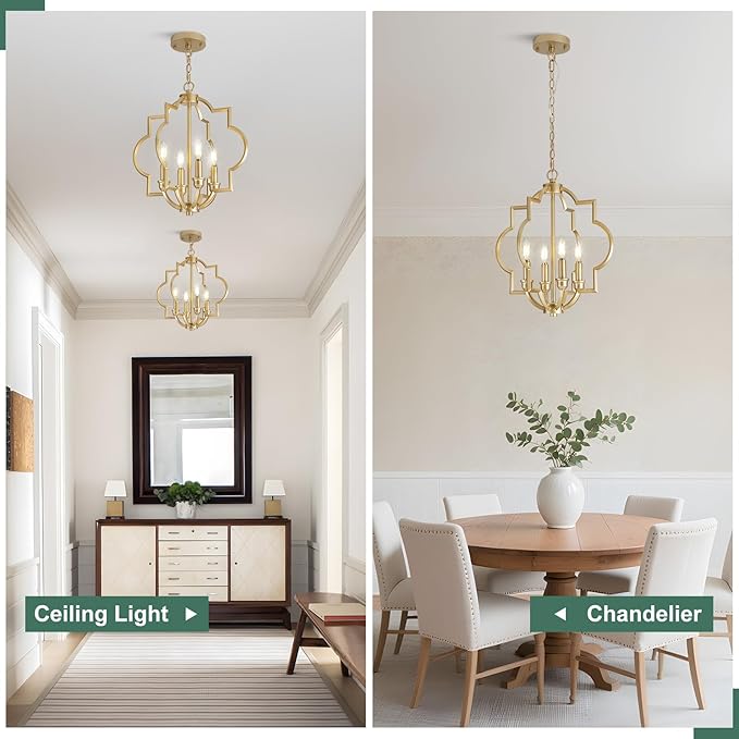 4-Light Small Gold Chandelier, 15.6 inch Farmhouse Light Fixtures for Dining Room, Champagne Gold Pendant Light for Entryway Foyer Kitchen Island