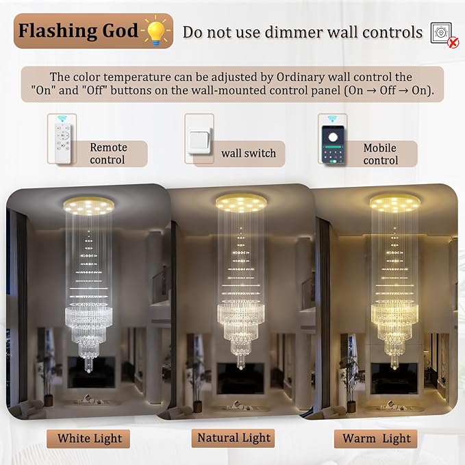 Flashing God 40''x 90'' Gold Large Crystal Chandelier LED Dimming 5-Tier High Ceiling Pendant Light Raindrop Chandeliers for Foyer Staircase Living Room Entryway