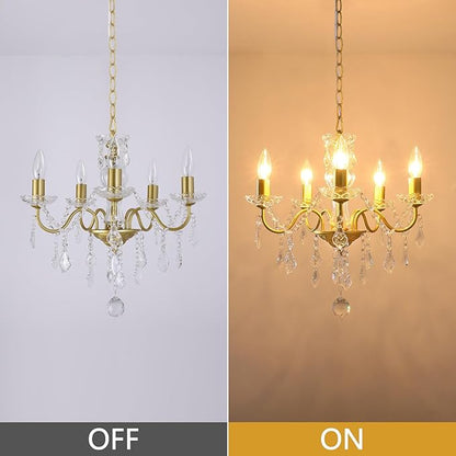 Plug in Modern 5-Light Gold Chandelier with Glass Crystals, Candle Style Pendant Light Fixtures for Living Room, Girls Room, Kitchen Island, Entryway