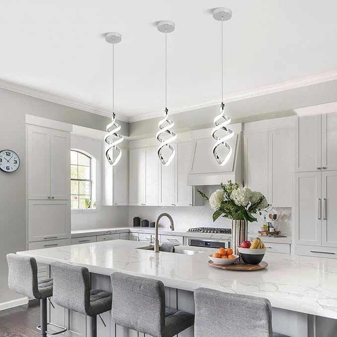 EIDISUNY 3 Packs Pendant Light, 15W Spiral Led Pendant Light, 4500K Modern Pendant Lights Kitchen Island, Adjustable Height Pendant Light for Dining Room Bedroom Kitchen Island Cafe