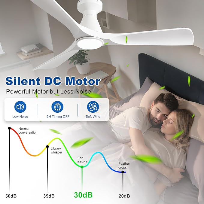 DLLT 52-Inch Ceiling Fans with Lights: Flush Mount Ceiling Fan 3 Blades for Indoor Outdoor - White Ceiling Fan with Remote APP Control Noiseless for Low Profile Bedroom