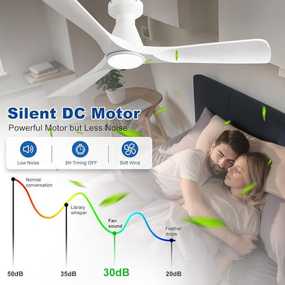 DLLT 52-Inch Ceiling Fans with Lights: Flush Mount Ceiling Fan 3 Blades for Indoor Outdoor - White Ceiling Fan with Remote APP Control Noiseless for Low Profile Bedroom