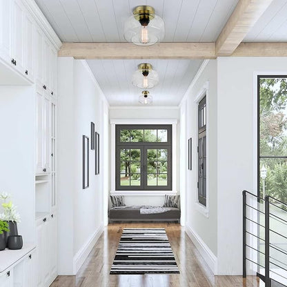 SunRider Industrial Semi-Flush Mount Ceiling Light Fixture, Seeded Glass Pendant Lamp, Brass Farmhouse Lighting for Hallway Porch Corridor Bedroom