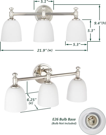 Bathroom Vanity Light, 3-Light Bathroom Light Fixtures Over Mirror, Traditional Vanity Lights for Living Room, Milk White Bell Glass Shades, Standard E26 Base, Polished Nickel