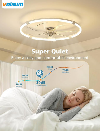 VOLISUN Low Profile Ceiling Fan with Lights and Remote, 23.6in Bladeless Ceiling Fans with Light Flush Mount, Dimmable Modern LED Fan Light, White Fandelier Ceiling Fans for Bedroom,Living Room