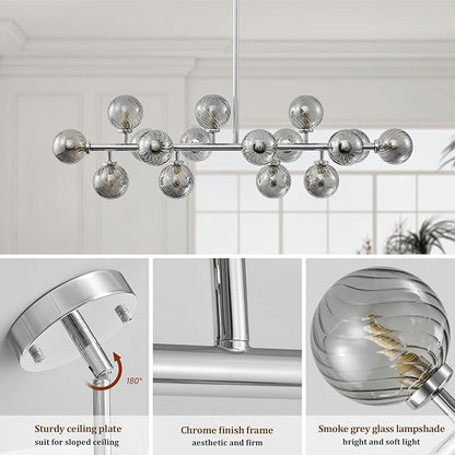 16-Light Mid Century Modern Chandelier: 39.4" Long Linear Chrome Sputnik Chandeliers - Smoke Grey Glass Globe Dining Room Light Fixture - Silver Adjustable Chandelier for Living Room Kitchen Island