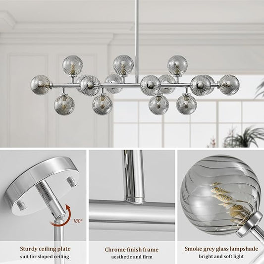 16-Light Mid Century Modern Chandelier: 39.4" Long Linear Chrome Sputnik Chandeliers - Smoke Grey Glass Globe Dining Room Light Fixture - Silver Adjustable Chandelier for Living Room Kitchen Island