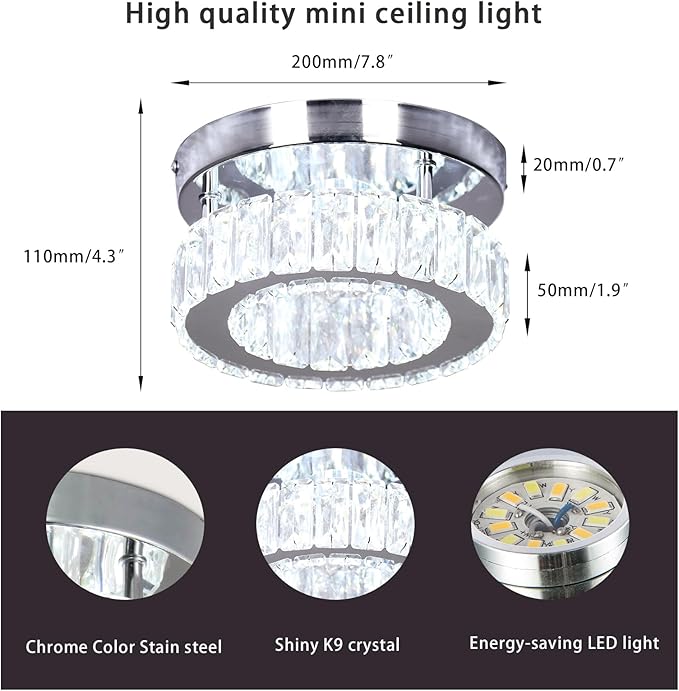Modern Mini Crystal Chandelier LED Small Flush Mount Round Ceiling Light K9 Crystal Ceiling Lamp for Hallway Foyer Kitchen Bedroom (Cool White)