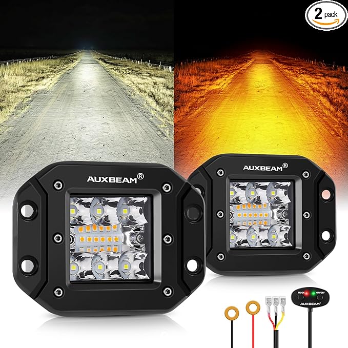 Auxbeam 6 Modes Amber White Series Flush Mount Strobe Lights 5 Inch 72W LED Pods Spot Flood Combo Flashing/Warning Multi-Function Offroad Lighting Bumper Grille Mount, Pair