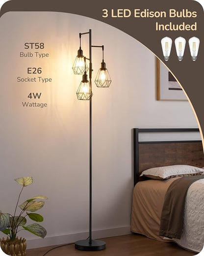 EDISHINE 70IN Farmhouse Floor Lamps for Living Room, Dimmable Industrial Tall Standing Lamps 3 LED Edison Bulbs Included, Diamond-Shaped Cage, Rustic Tree Corner Light for Bedroom, Office, Black