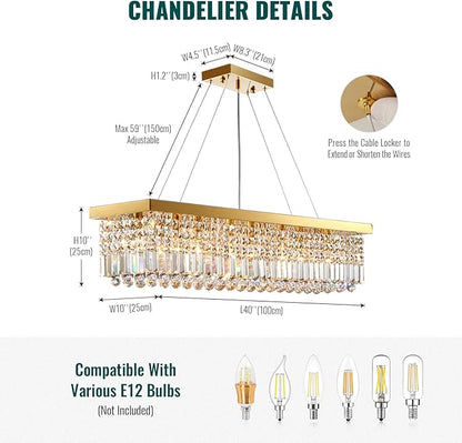 Siljoy 8-Light Modern Crystal Chandelier, 40'' Gold Rectangular K9 Crystal Raindrop Chandelier, Luxury Dimmable Crystal Ceiling Light for Living Dining Room Kitchen Island L40'' x W10'' x H10''
