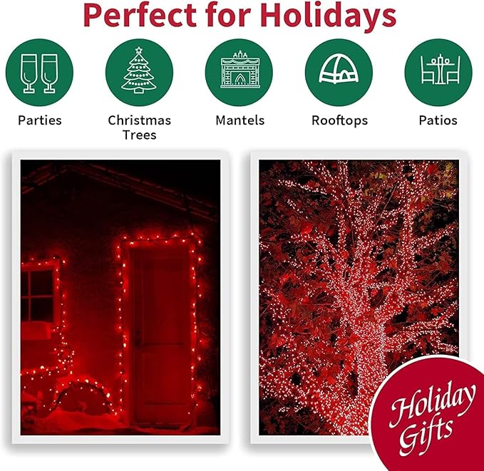 LAMPHOME 66ft Christmas Decorative Mini Lights,200 LED Green Wire Fairy Starry String Lights Plug in, 16Lighting Modes, for Indoor Outdoor Xmas Tree Wedding Party Decoration (Red)
