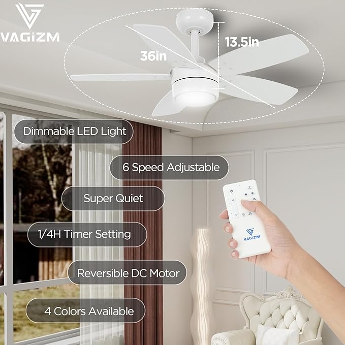 Ceiling Fan 36'' for Small Room Matte White Modern Fans with Light Remote Control - Reversible Quiet DC Motor Dimmable with 6 Speeds for Bedroom Indoor Use