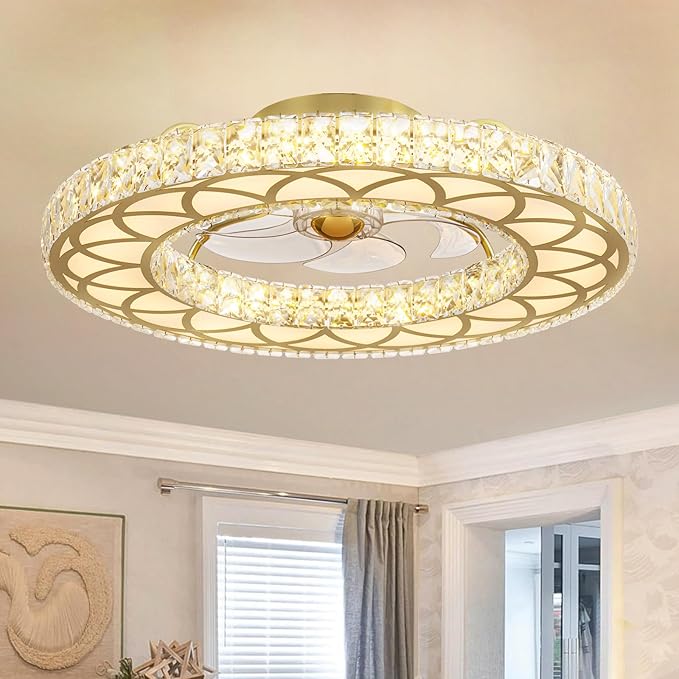 LUDOMIDE Crystal Ceiling Fans with Lights, 24" Modern Ceiling Fan with Remote Flush Mount, 6-Speed Wind, Dimmable LED, Low Profile Ceiling Fan for Bedroom Dining Room Living Room