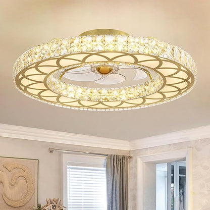 LUDOMIDE Crystal Ceiling Fans with Lights, 24" Modern Ceiling Fan with Remote Flush Mount, 6-Speed Wind, Dimmable LED, Low Profile Ceiling Fan for Bedroom Dining Room Living Room
