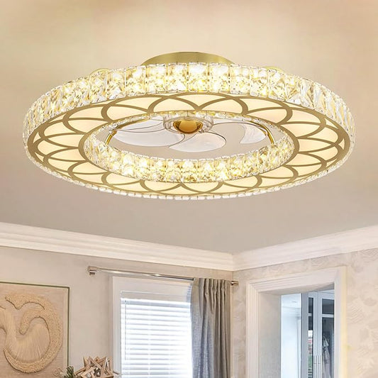 LUDOMIDE Crystal Ceiling Fans with Lights, 24" Modern Ceiling Fan with Remote Flush Mount, 6-Speed Wind, Dimmable LED, Low Profile Ceiling Fan for Bedroom Dining Room Living Room