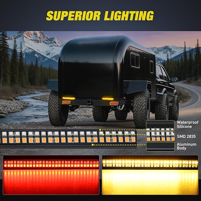Nilight Truck Tailgate Light Strip 7 Inch Aluminum Frame Double Row 60 LED Red Running Brake Amber Sequential Turn Signals Strobe Lights Bar for Trailer Hitch Cargo Carrier Luggage Rack