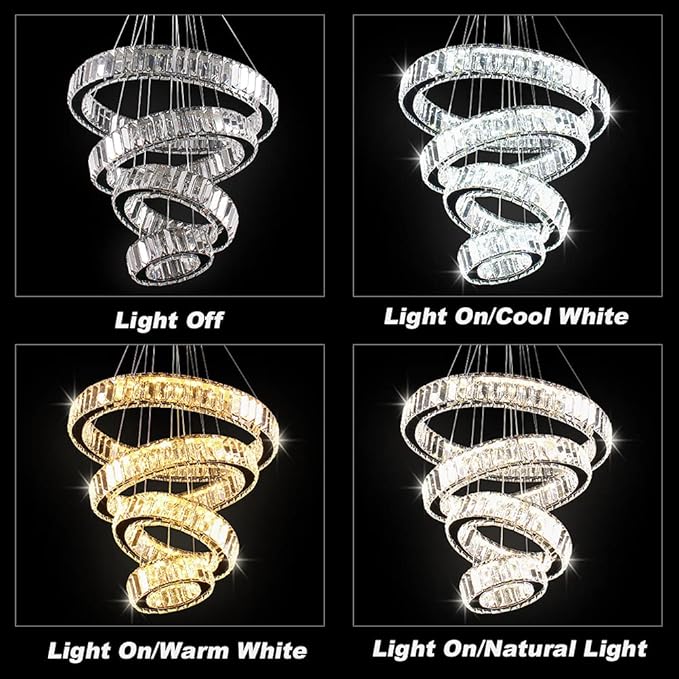 Dimmable Modern LED Chandelier with Remote 4 Ring Pendant Light Crystal Chandeliers for Dining Room Bedroom Living Room,3 Colors Adjustable,Dia7.9-11.8"-15.7"-19.7",79 W