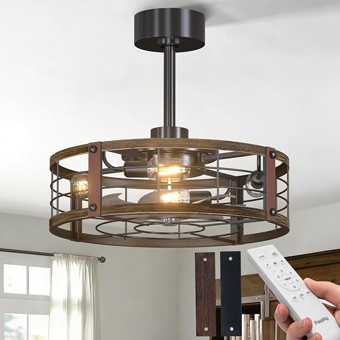 Passky 20 Inch Farmhouse Caged Ceiling Fans with Lights and Remote, Black Downrod Mount Bladeless Fandelier, 6 Speeds Bladeless Ceiling Fan Light for Bedroom, Kitchen, Living Room, Indoor