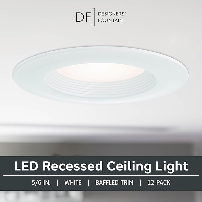 Designers Fountain LED Recessed Ceiling Lights 12 Pack, 5/6 Inch 5CCT Metal Light Fixture Set, Dimmable, 1050 Lumens, 2700K/3000K/3500K/4000K/5000K, White Trim, RB6WH9105C12