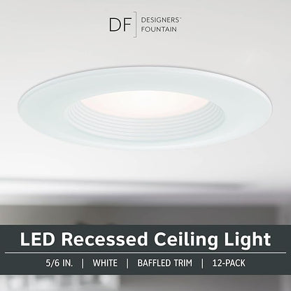 Designers Fountain LED Recessed Ceiling Lights 12 Pack, 5/6 Inch 5CCT Metal Light Fixture Set, Dimmable, 1050 Lumens, 2700K/3000K/3500K/4000K/5000K, White Trim, RB6WH9105C12