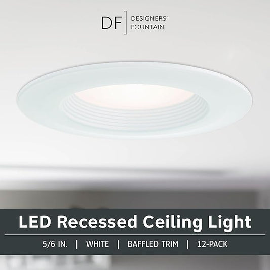 Designers Fountain LED Recessed Ceiling Lights 12 Pack, 5/6 Inch 5CCT Metal Light Fixture Set, Dimmable, 1050 Lumens, 2700K/3000K/3500K/4000K/5000K, White Trim, RB6WH9105C12