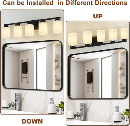5-Light Bathroom Light Fixtures, Modern Vanity Lights, Black Metal Wall Lamp with White Marble Glass for Bathroom, Mirror, Living Room, Bedroom, Cabinet, Porch, Hallway, E26 Base