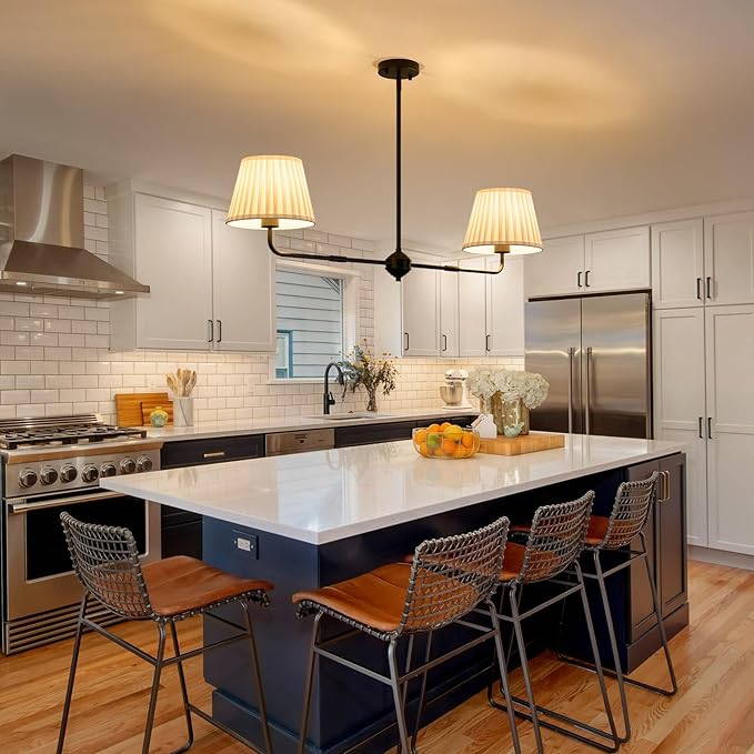 Black Linear Chandelier for Dining Room, 43.3" Modern Pendant Lighting with White Fabric Shade, Double Linear Dining Room Light Fixture Over Table for Kitchen Island Restaurant, E26 Base