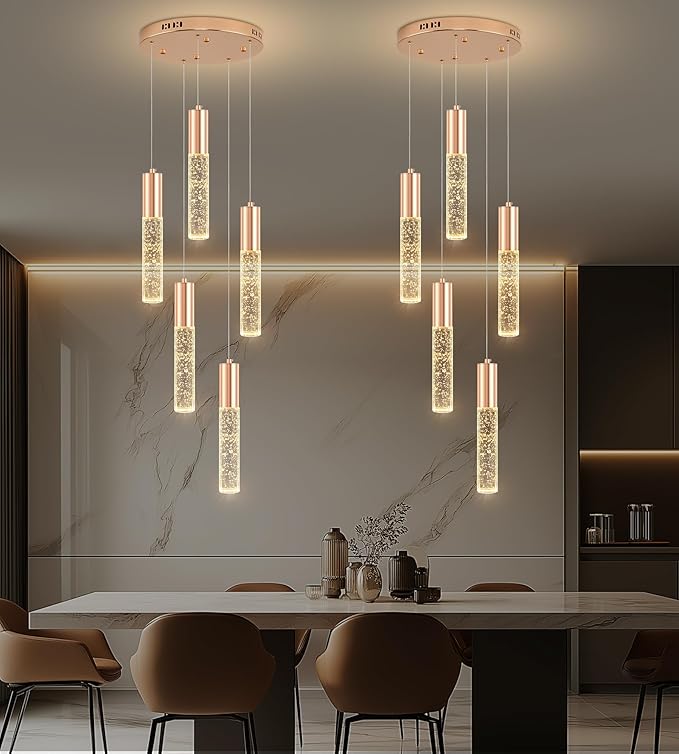 Modern Crystal Chandelier for Kitchen Island 5-Lights, Elegant Gold LED Bubble Pendant Lighting Fixture for Dining Room Bedroom Entryway