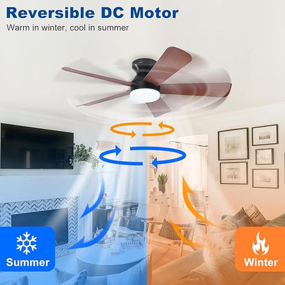 42-Inch Ceiling Fans with Lights: Walnut Low Profile Ceiling Fan with Light and Remote Control - Reversible Flush Mount Fans - 3CCT Dimmable Small Ceiling Fan for Bedroom Indoor/Outdoor Use