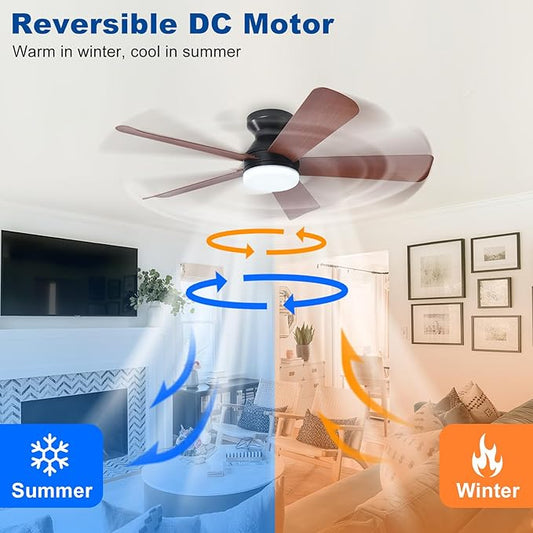 42-Inch Ceiling Fans with Lights: Walnut Low Profile Ceiling Fan with Light and Remote Control - Reversible Flush Mount Fans - 3CCT Dimmable Small Ceiling Fan for Bedroom Indoor/Outdoor Use