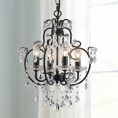 Saint Mossi 4-Lights Crystal Chandelier with K9 Crystals, Black Farmhouse Style Pendant Light Fixture, H17 x D12, Chain Adjustable