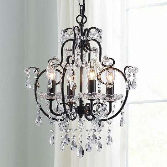 Saint Mossi 4-Lights Crystal Chandelier with K9 Crystals, Black Farmhouse Style Pendant Light Fixture, H17 x D12, Chain Adjustable